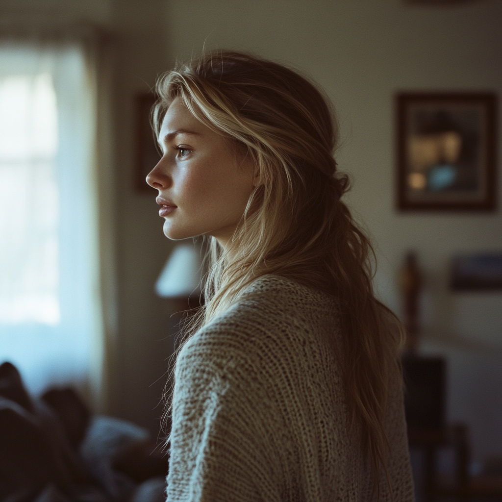 A woman talking in the living room | Source: no source