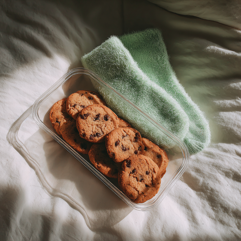 A container of chocolate chip cookies and a pair of fuzzy socks | Source: no source