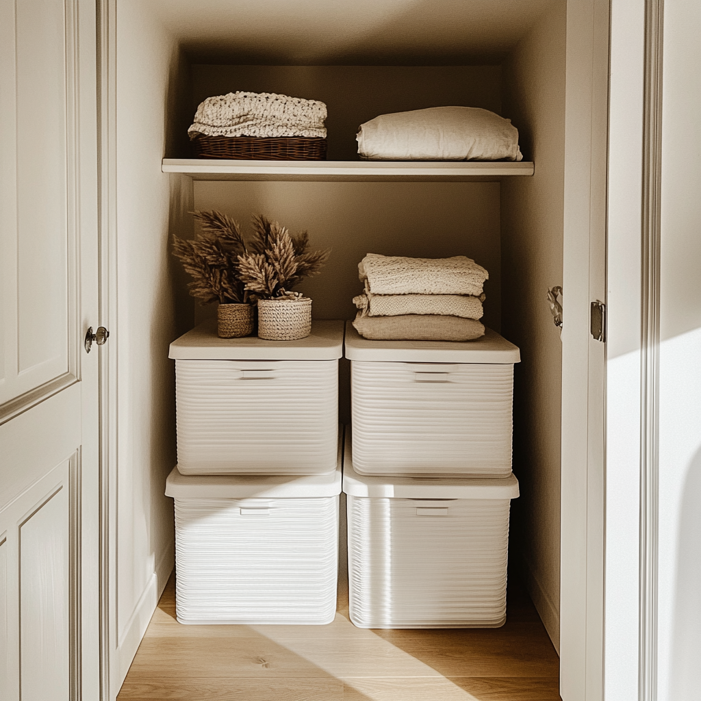 Storage bins in a hall closet | Source: No source