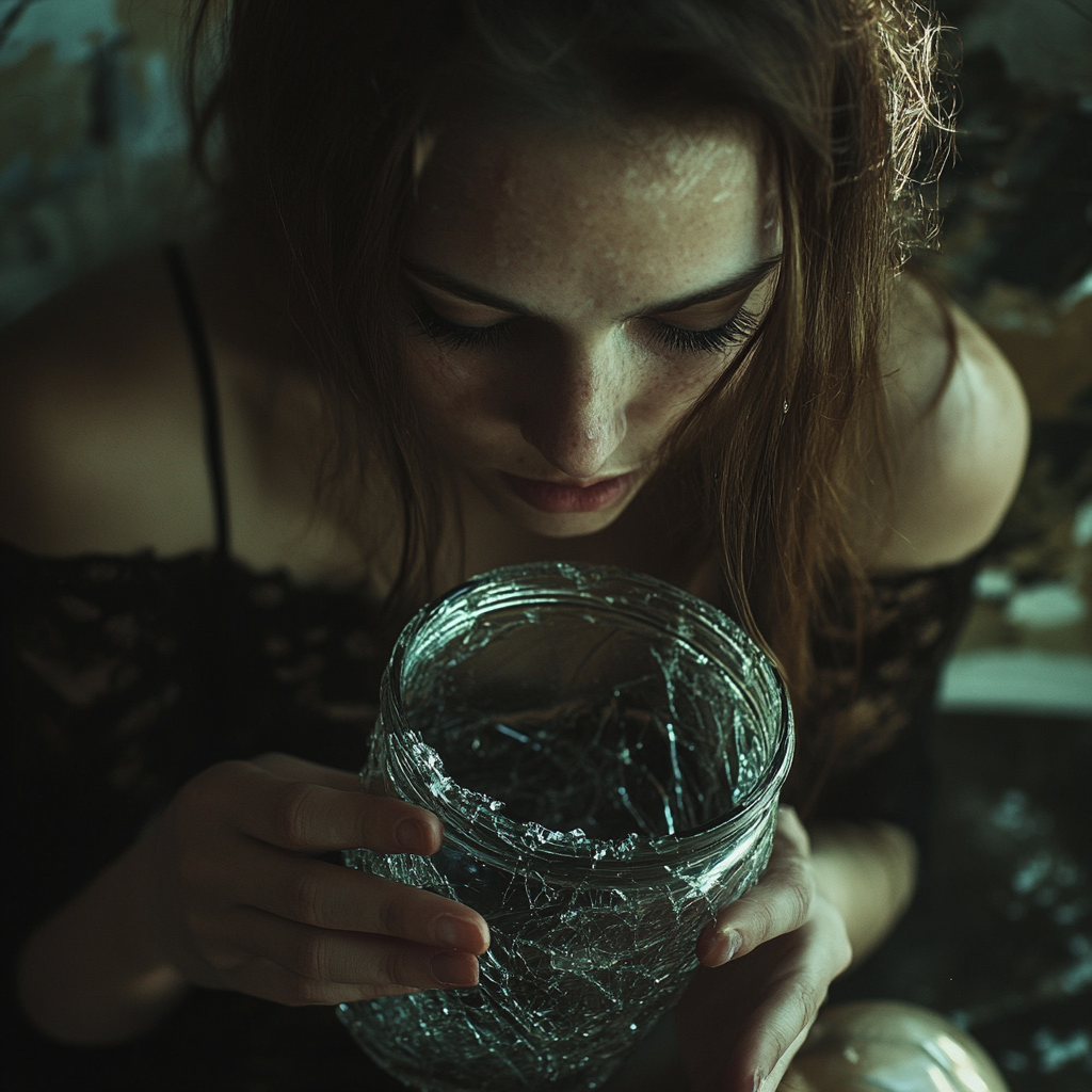 A woman holding a broken glass jar | Source: No source