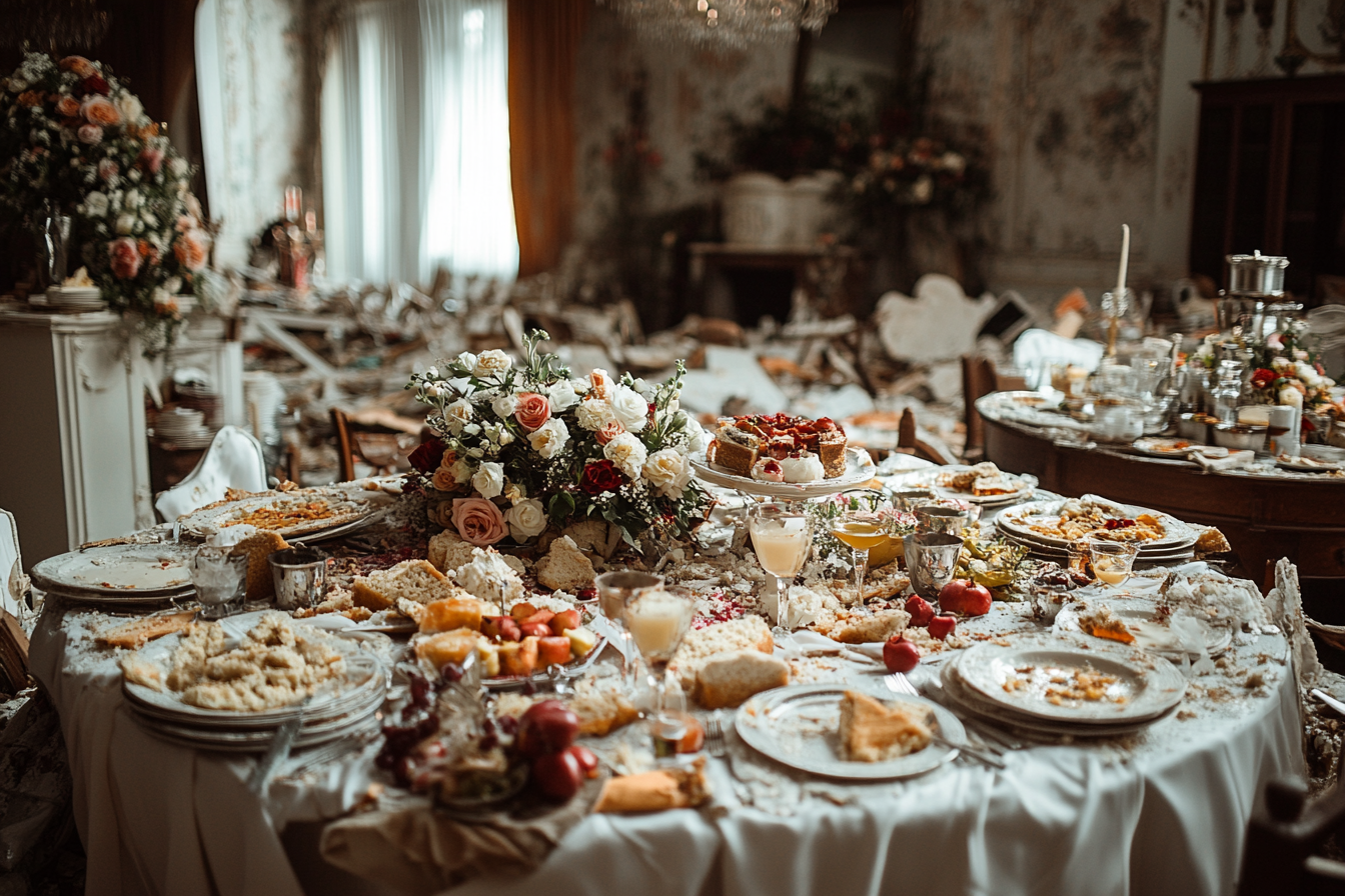 Wrecked wedding venue—overturned tables, ruined décor | Source: No source