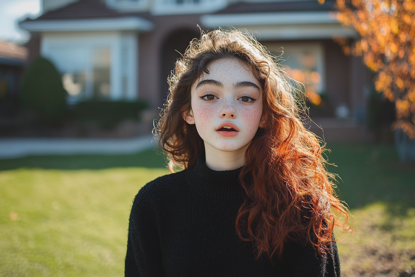 A teenage girl standing on a lawn in front of a house, shocked | Source: No source