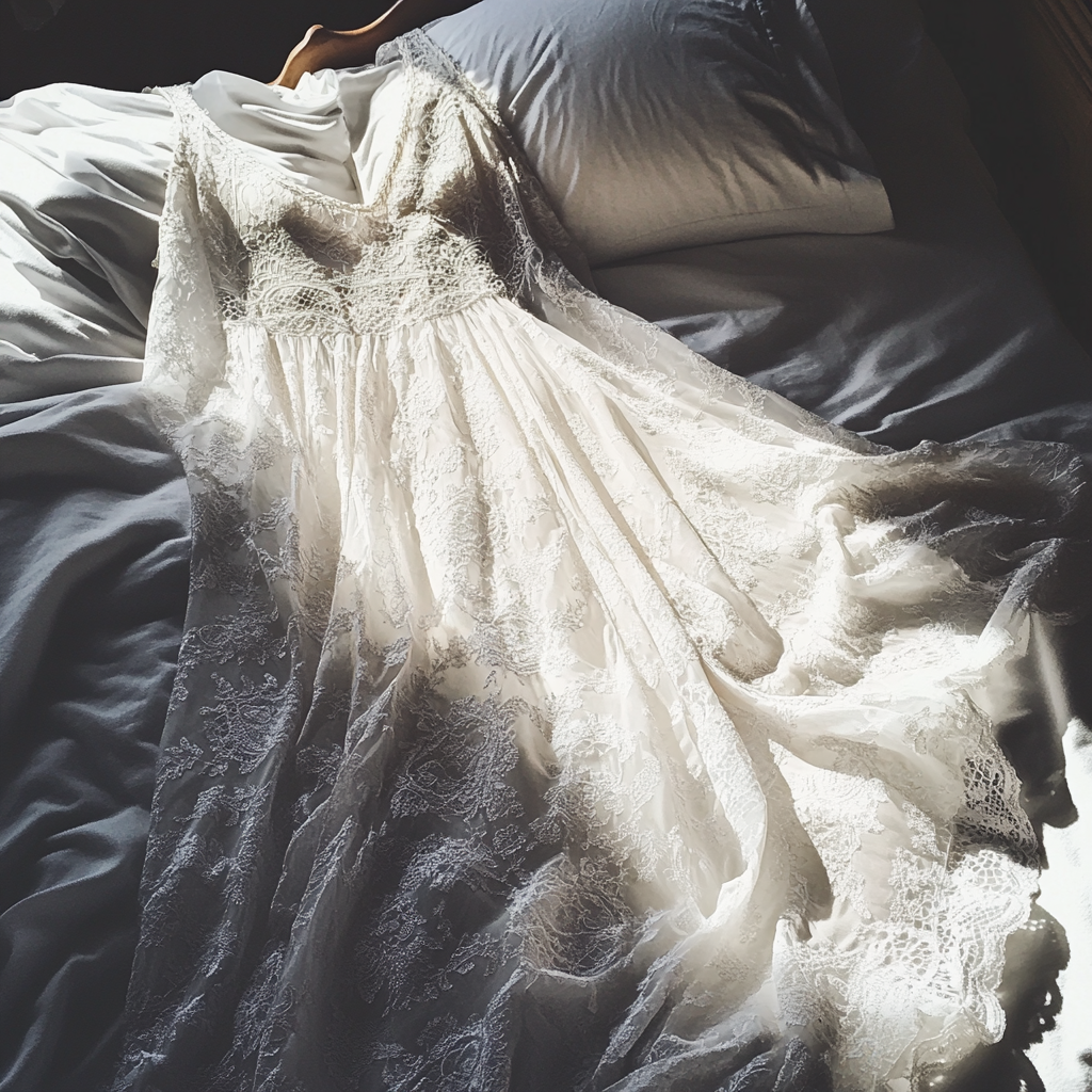 A wedding dress on a bed | Source: No source