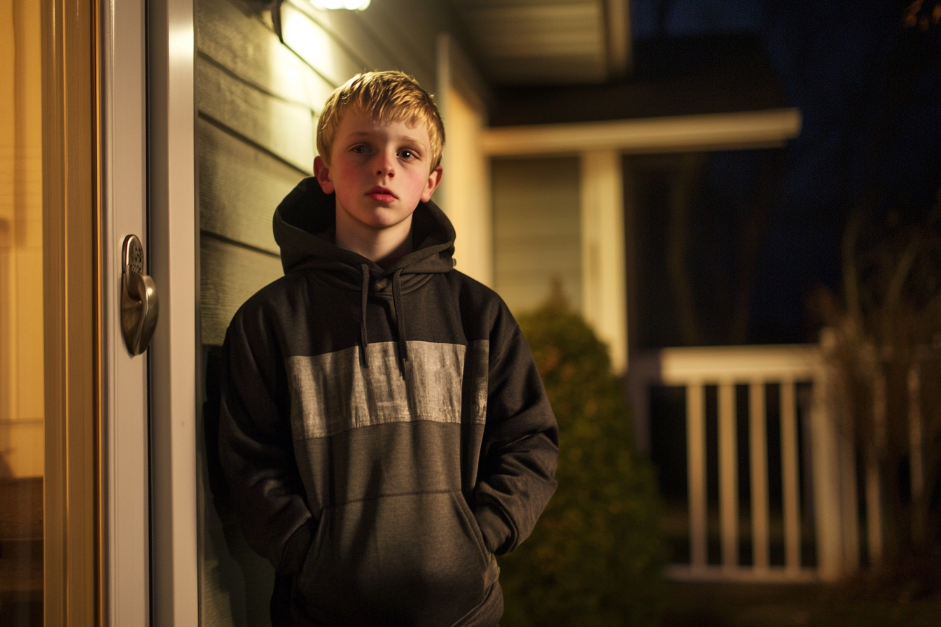 A young teen boy standing on a porch at night | Source: no source