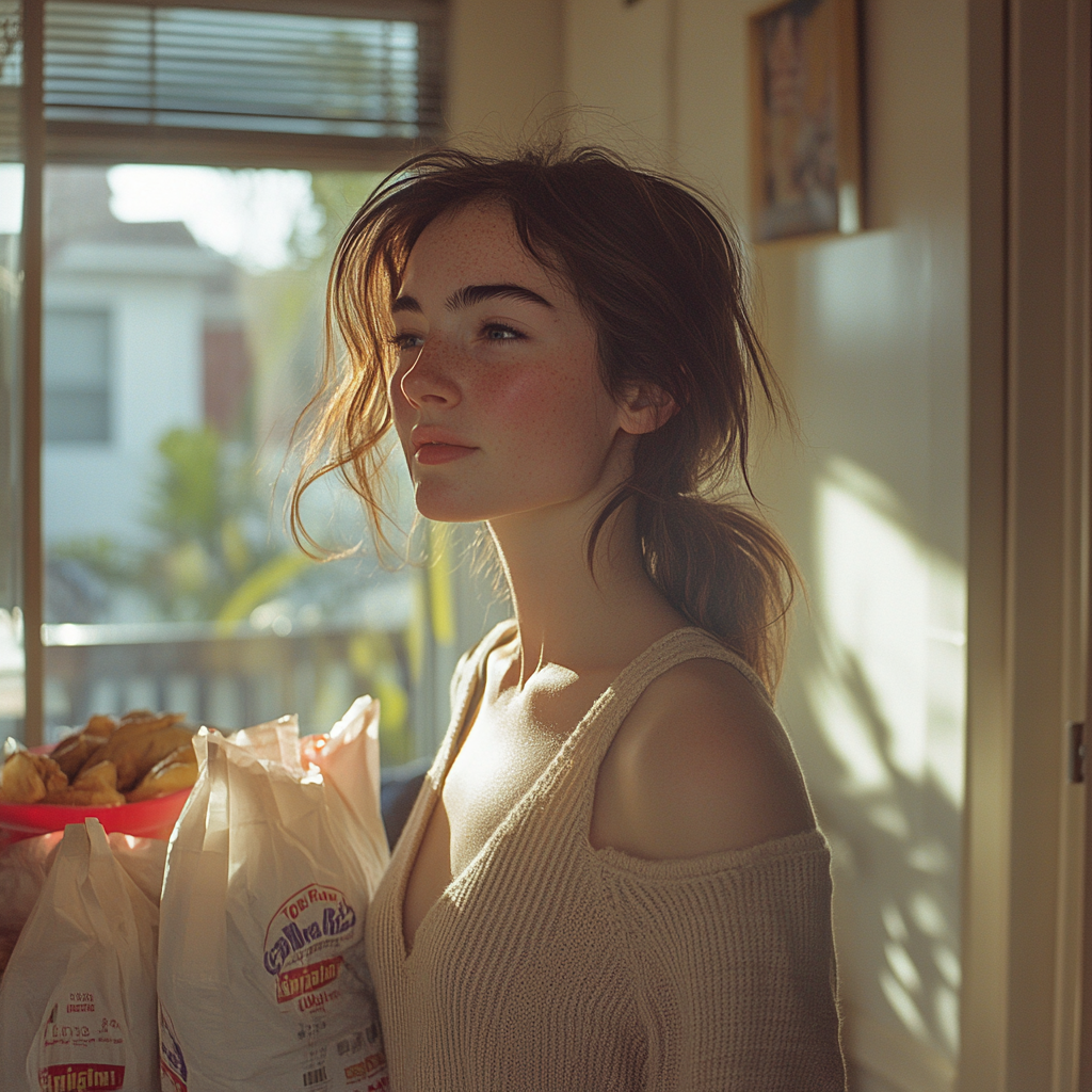 A suspicious woman arrives with takeout | Source: no source