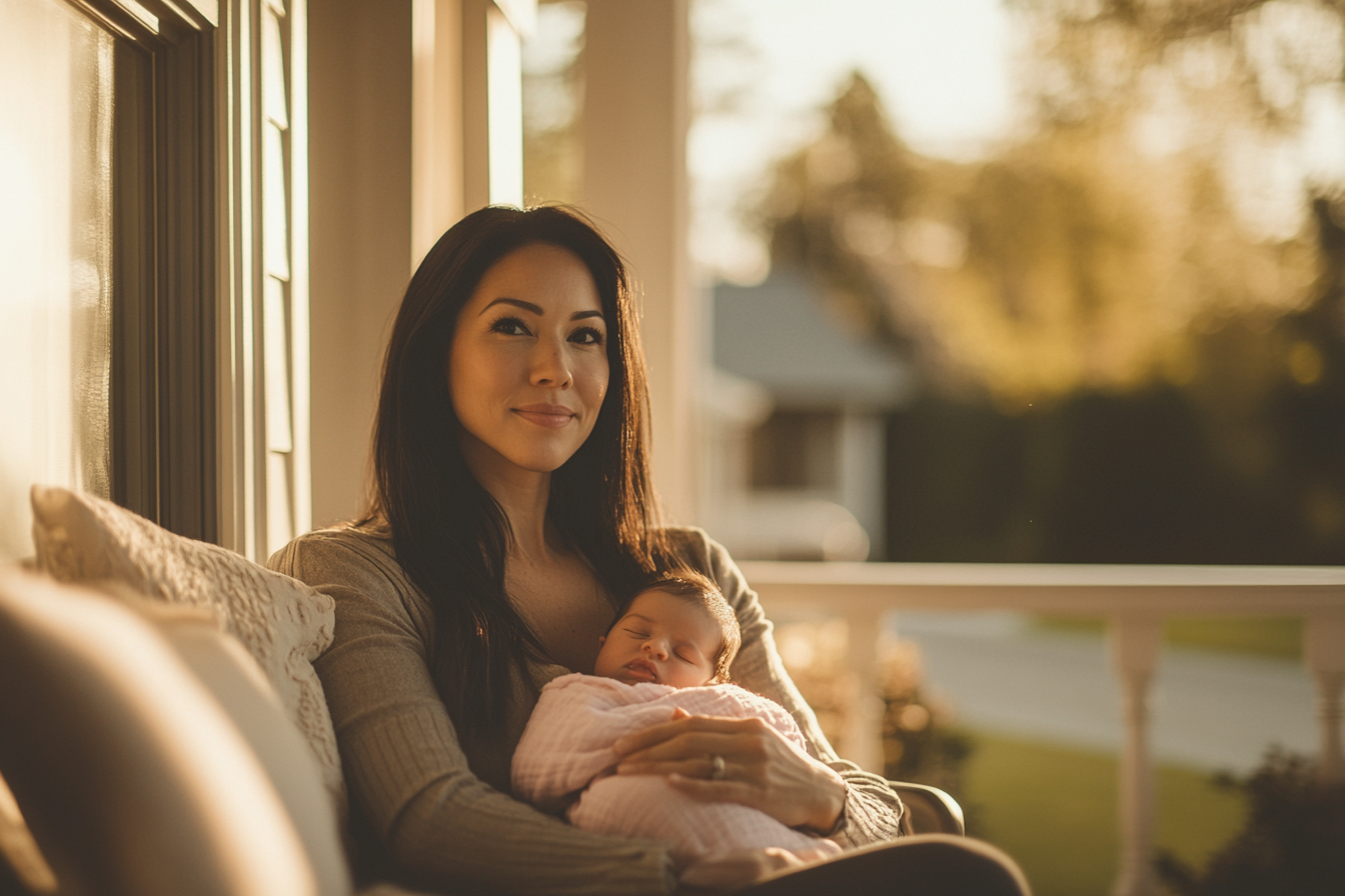 A woman sits on a porch holding a baby in a pink blanket | Source: no source