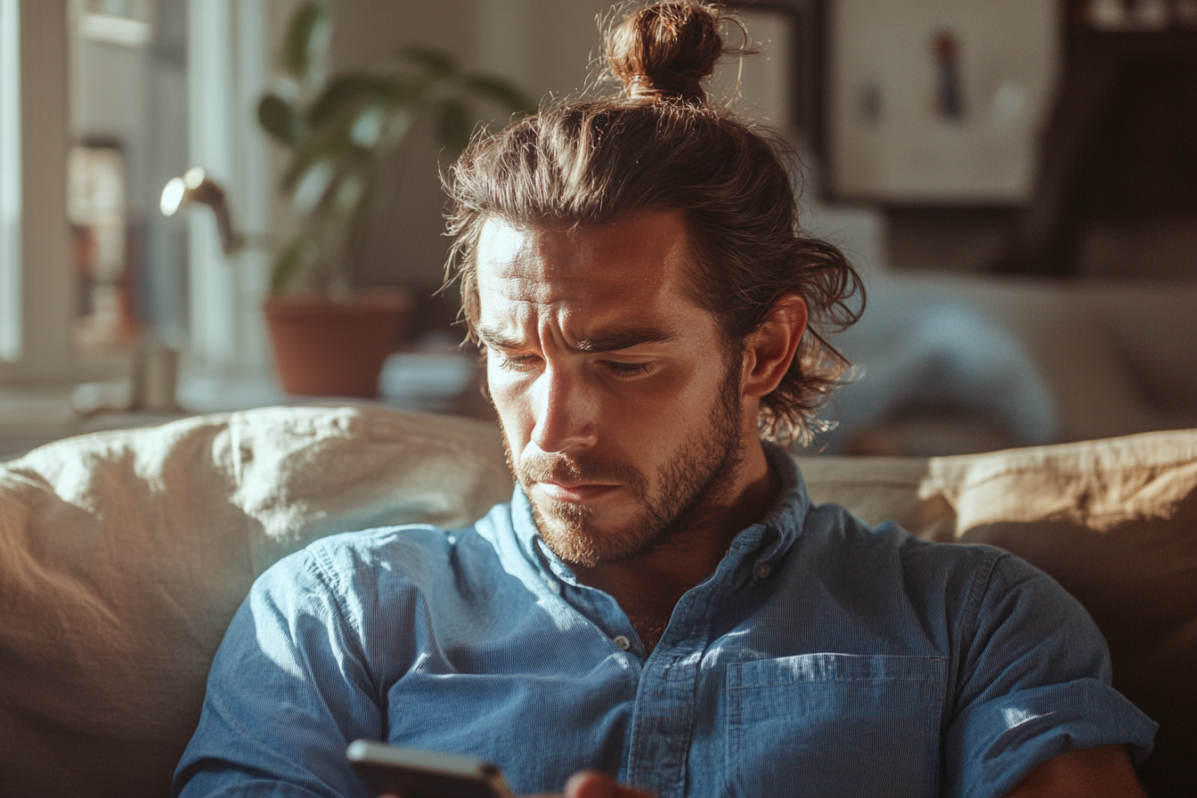 A man looks at his phone on the couch in his living room | Source: no source