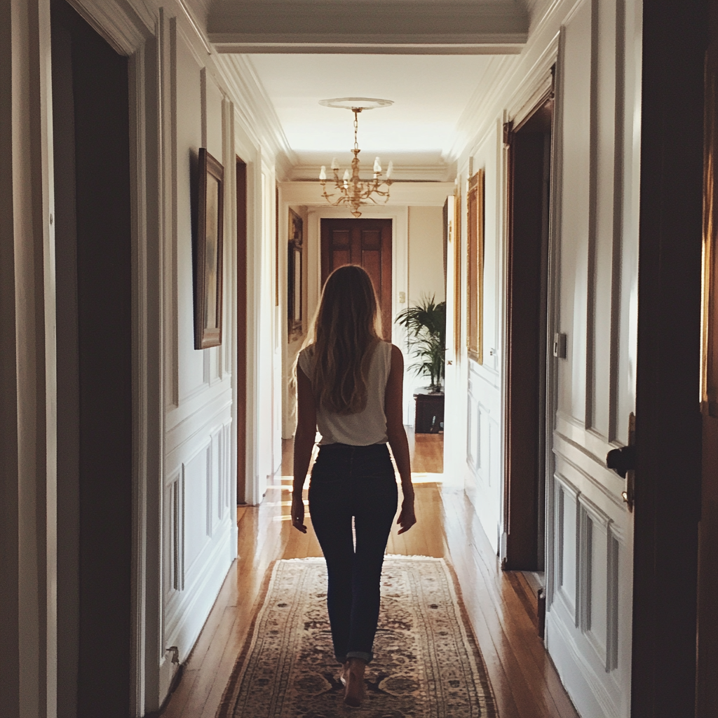 A woman walking down a hallway | Source: no source
