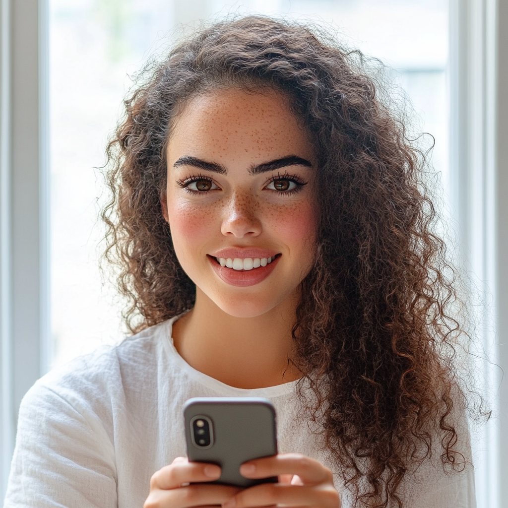 A cheerful woman holding her phone | Source: No source