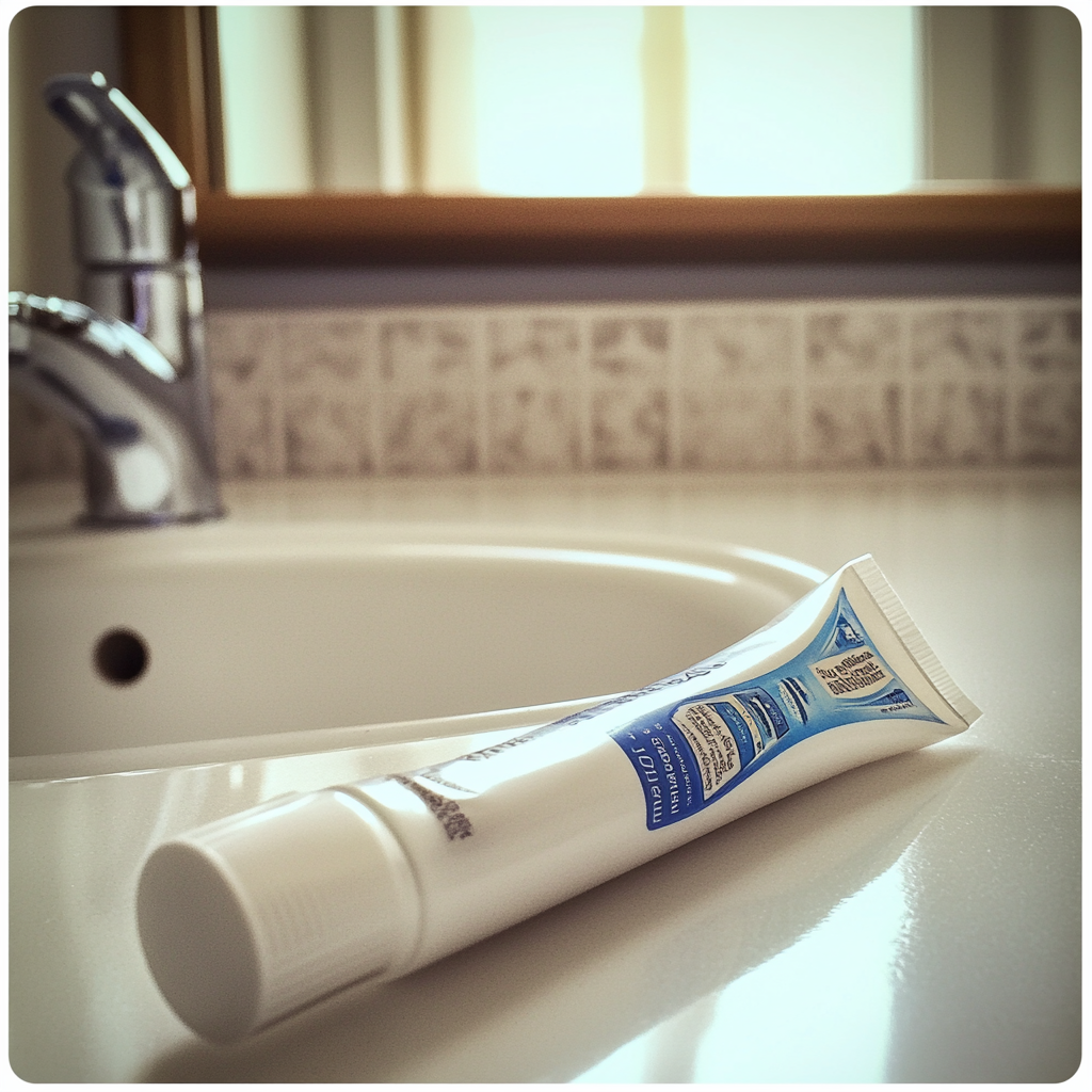 A tube of toothpaste on a sink | Source: no source