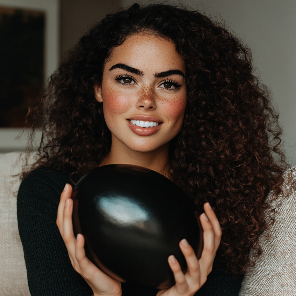 A smiling woman holding a big black egg | Source: No source