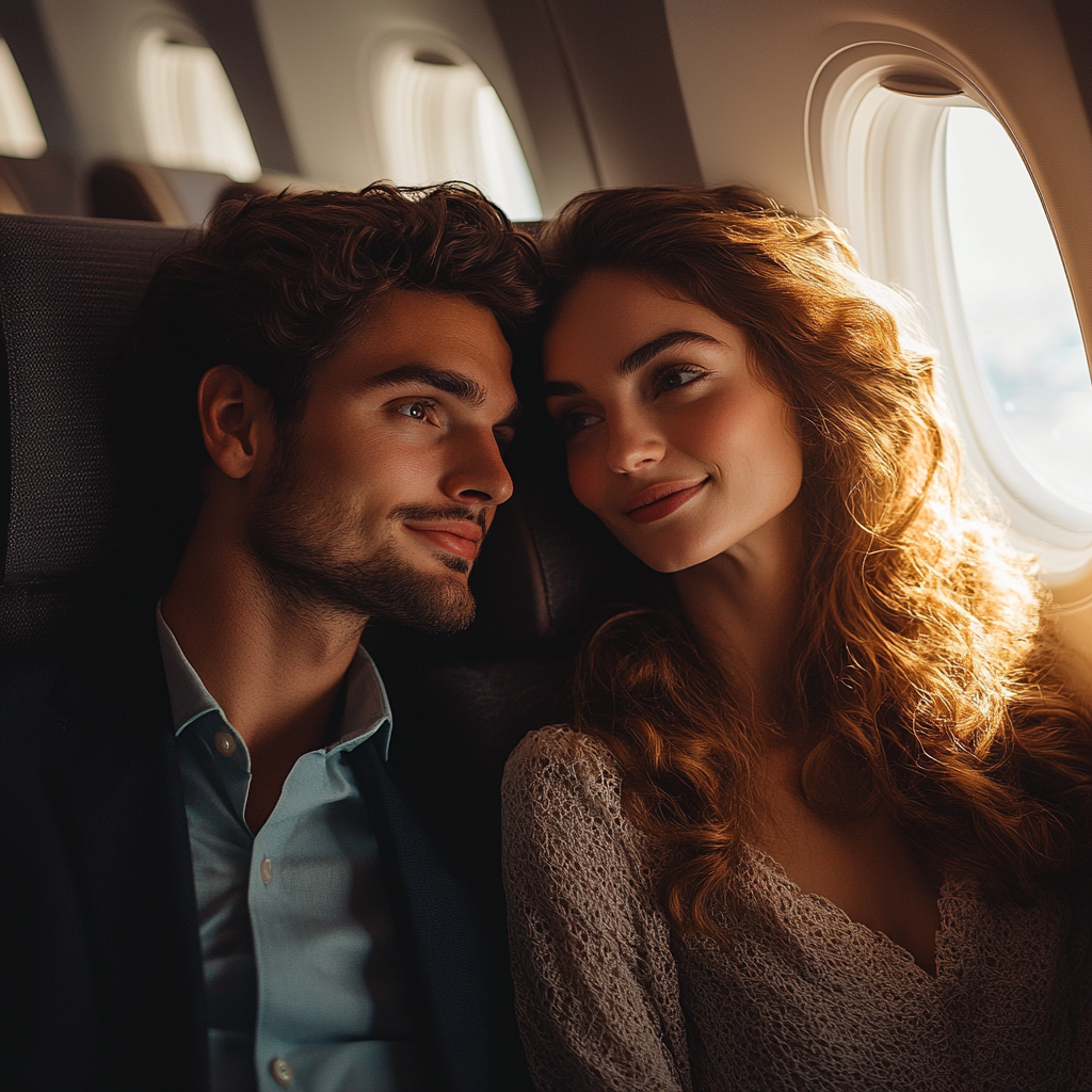 A happy couple sitting on a plane | Source: No source