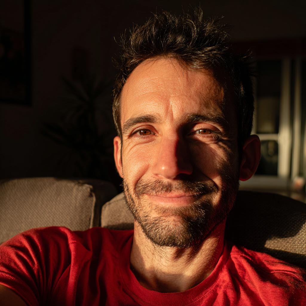 A smiling man sitting on a couch | Source: no source