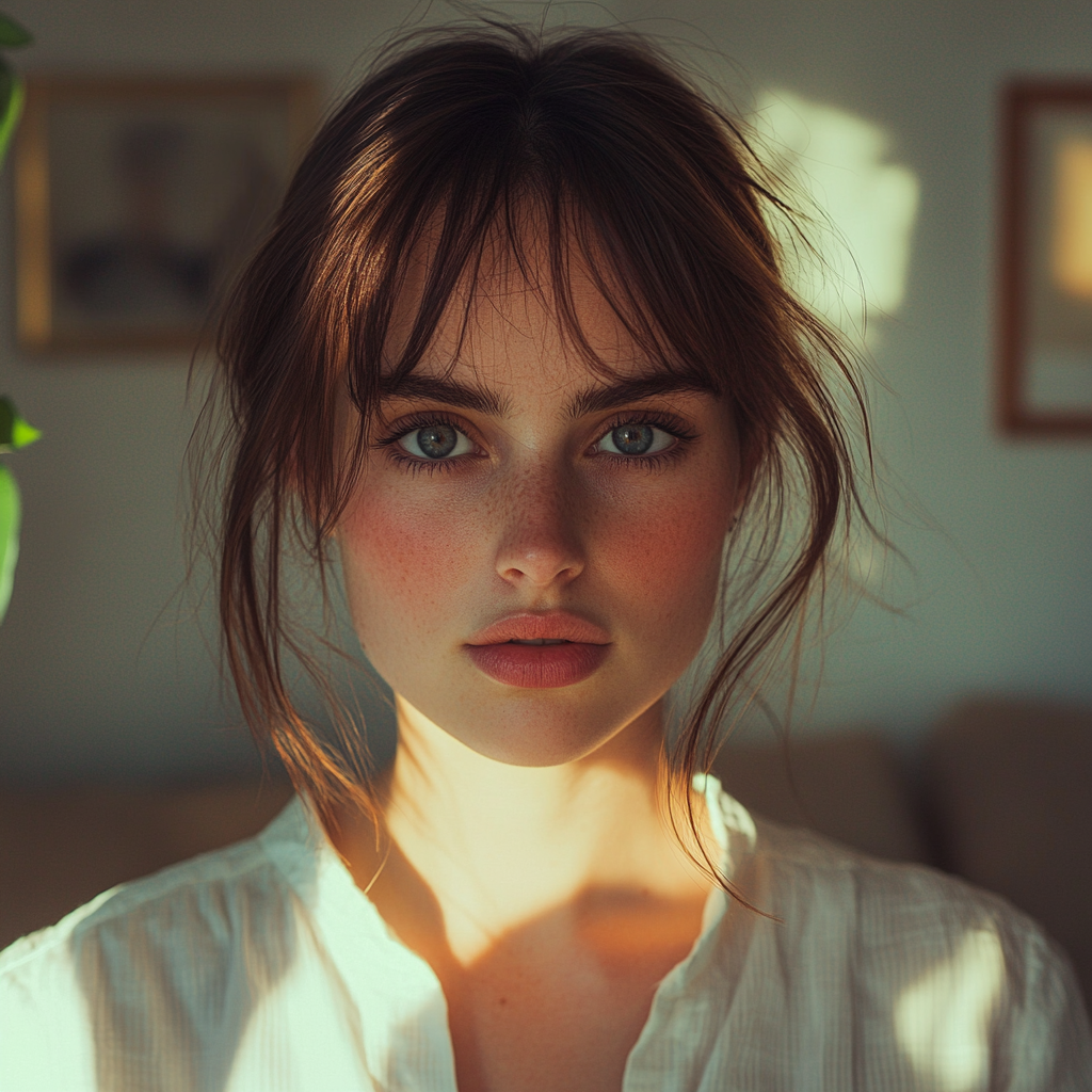 A woman standing in her living room, looking straight ahead | Source: No source