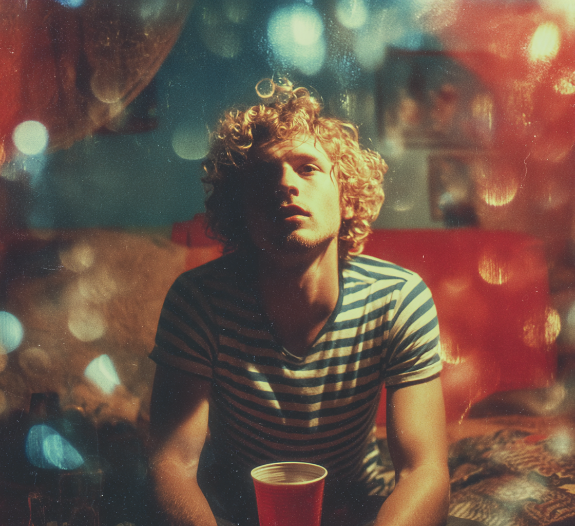 A pensive man sitting on an air mattress at a party | Source: no source