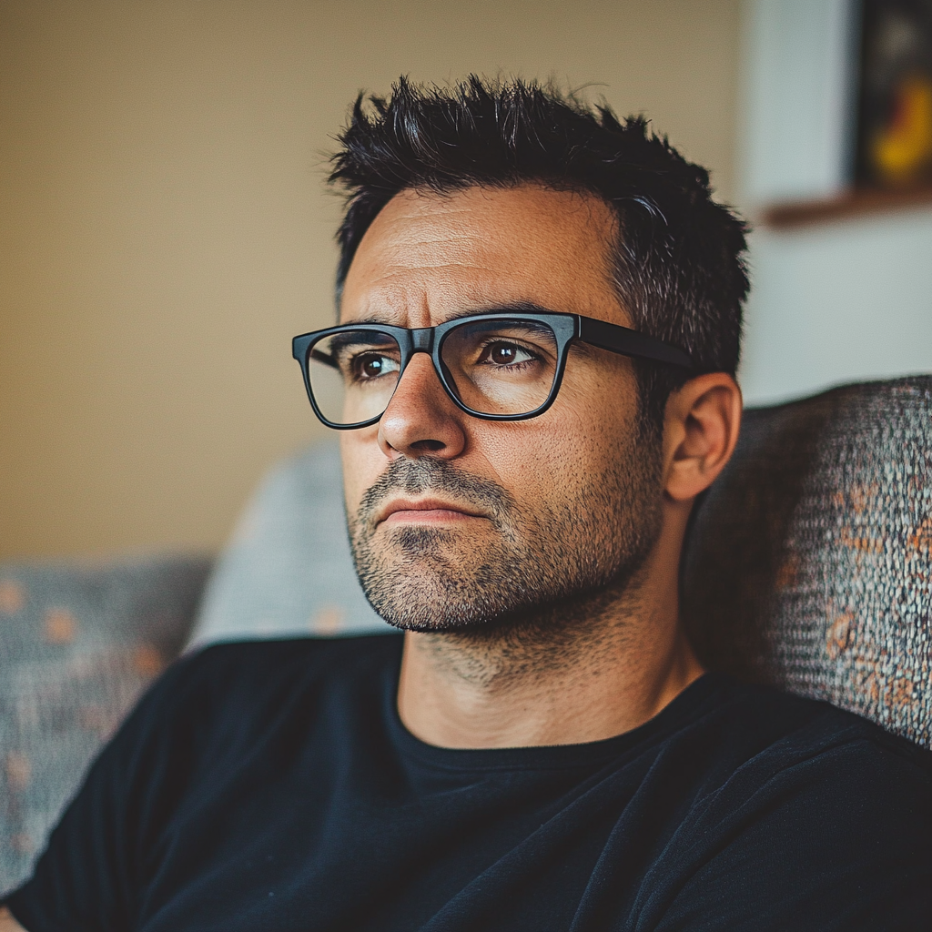 A frowning man sitting on a couch | Source:  no source