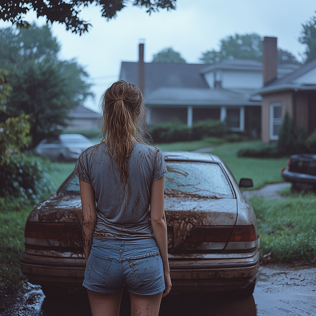 A woman looking at a dirty car | Source: No source