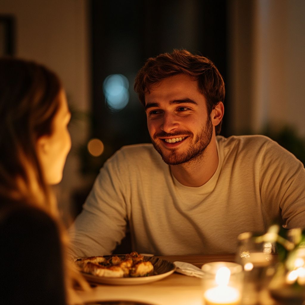 A man smiling at a woman over dinner | Source: No source
