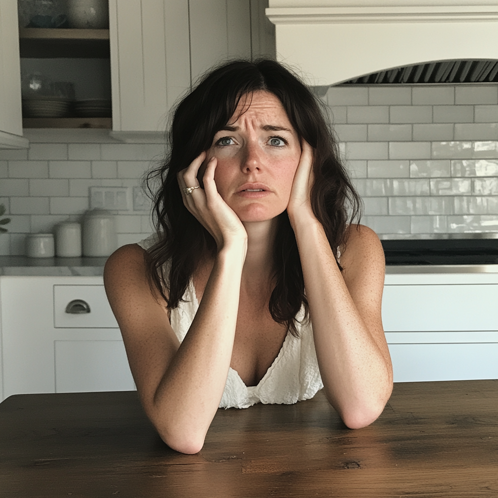 A frustrated woman sitting at a kitchen table | Source: no source