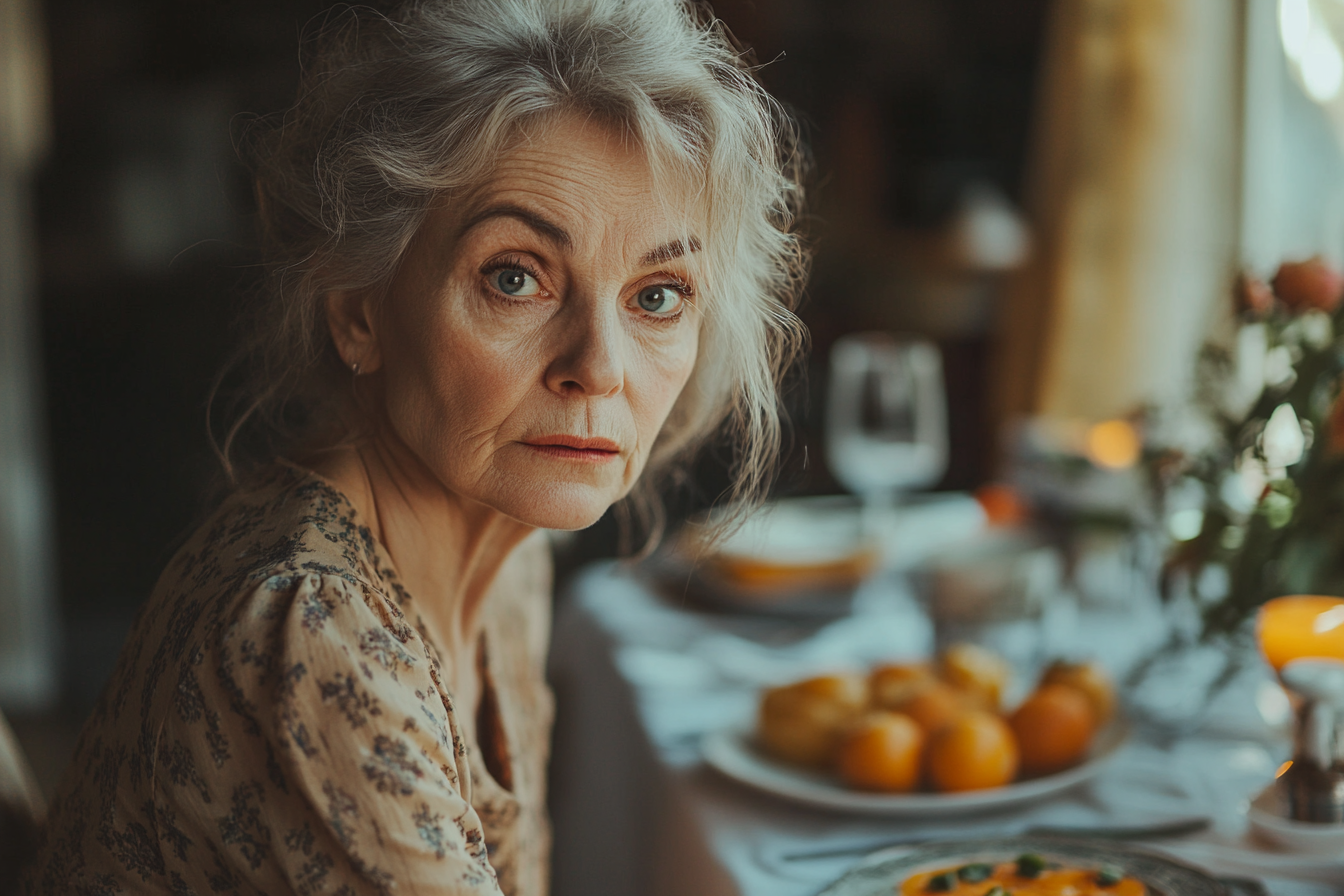 Disappointed senior woman at a dinner table | Source: no source