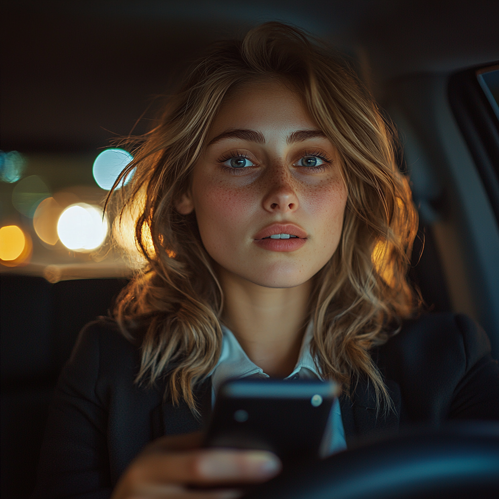 A woman driving while holding her phone | Source: No source