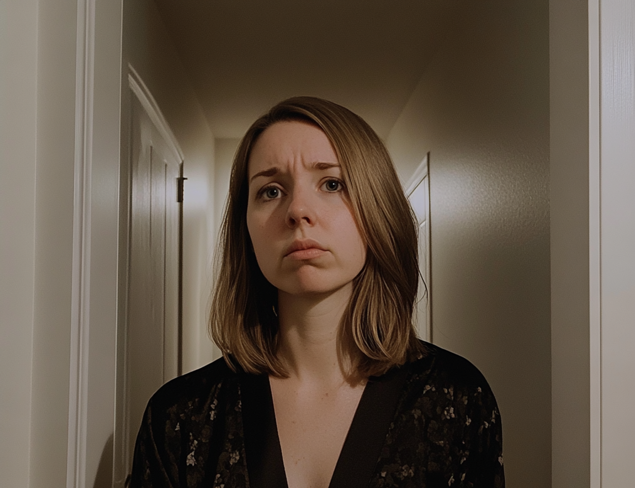 An emotional woman standing in a hallway | Source: no source
