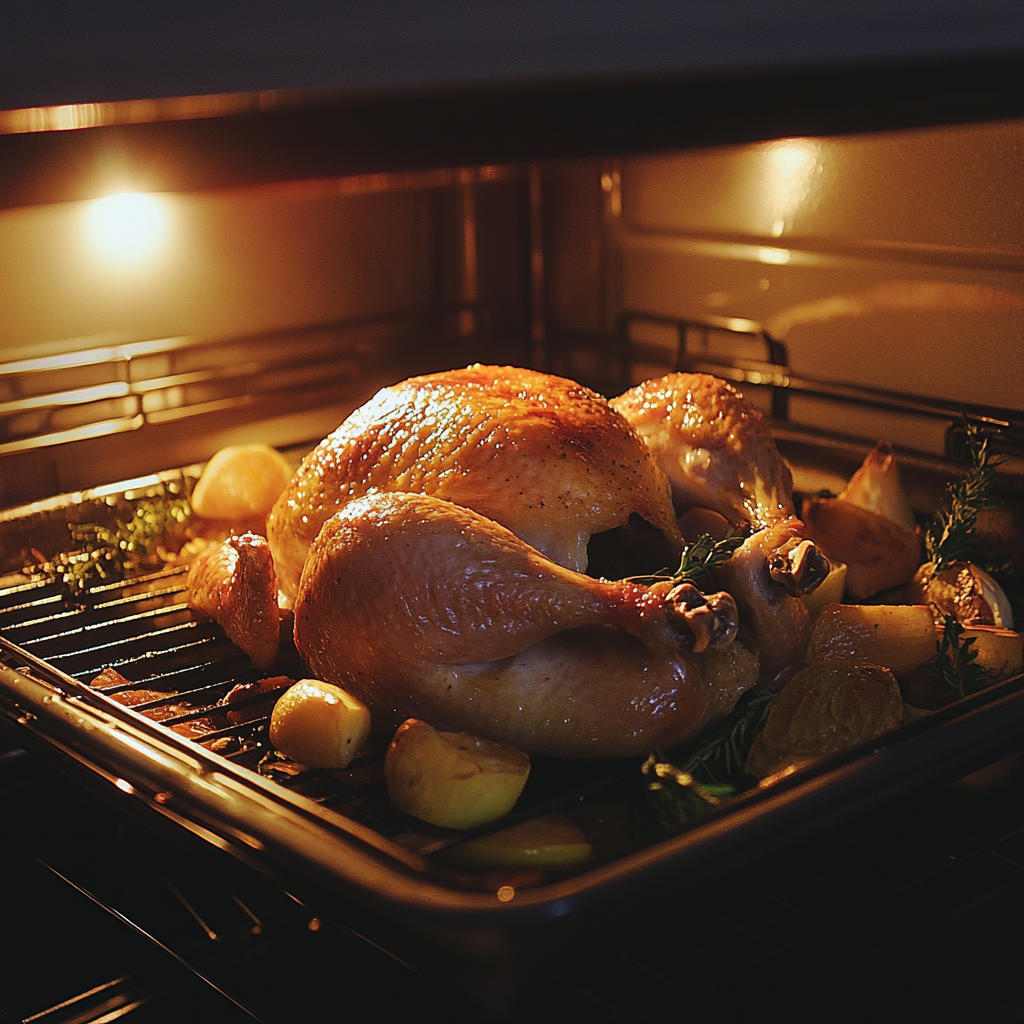 A roast chicken in an oven | Source: no source