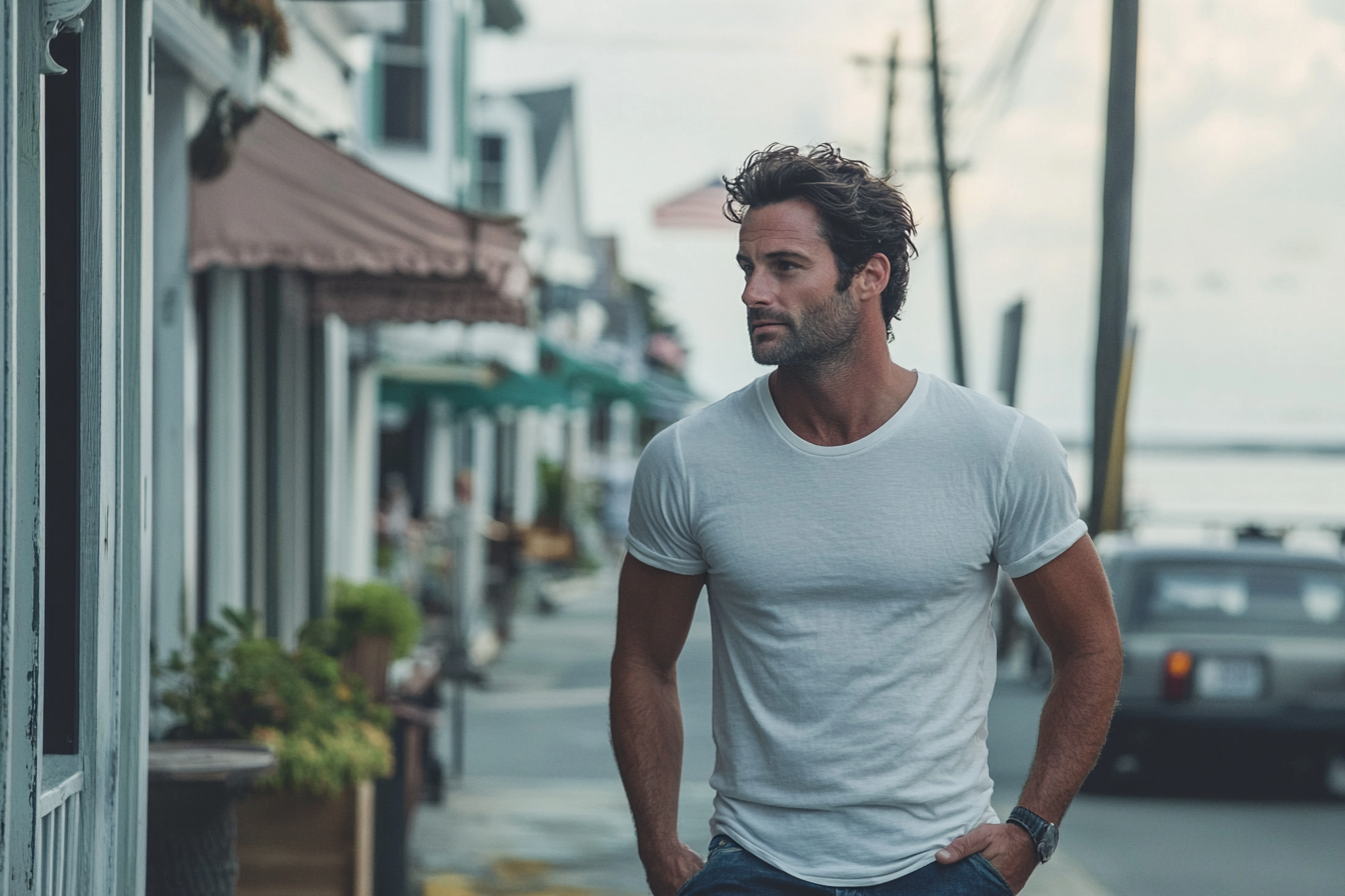 A man walking down the street in a coastal town | Source: No source