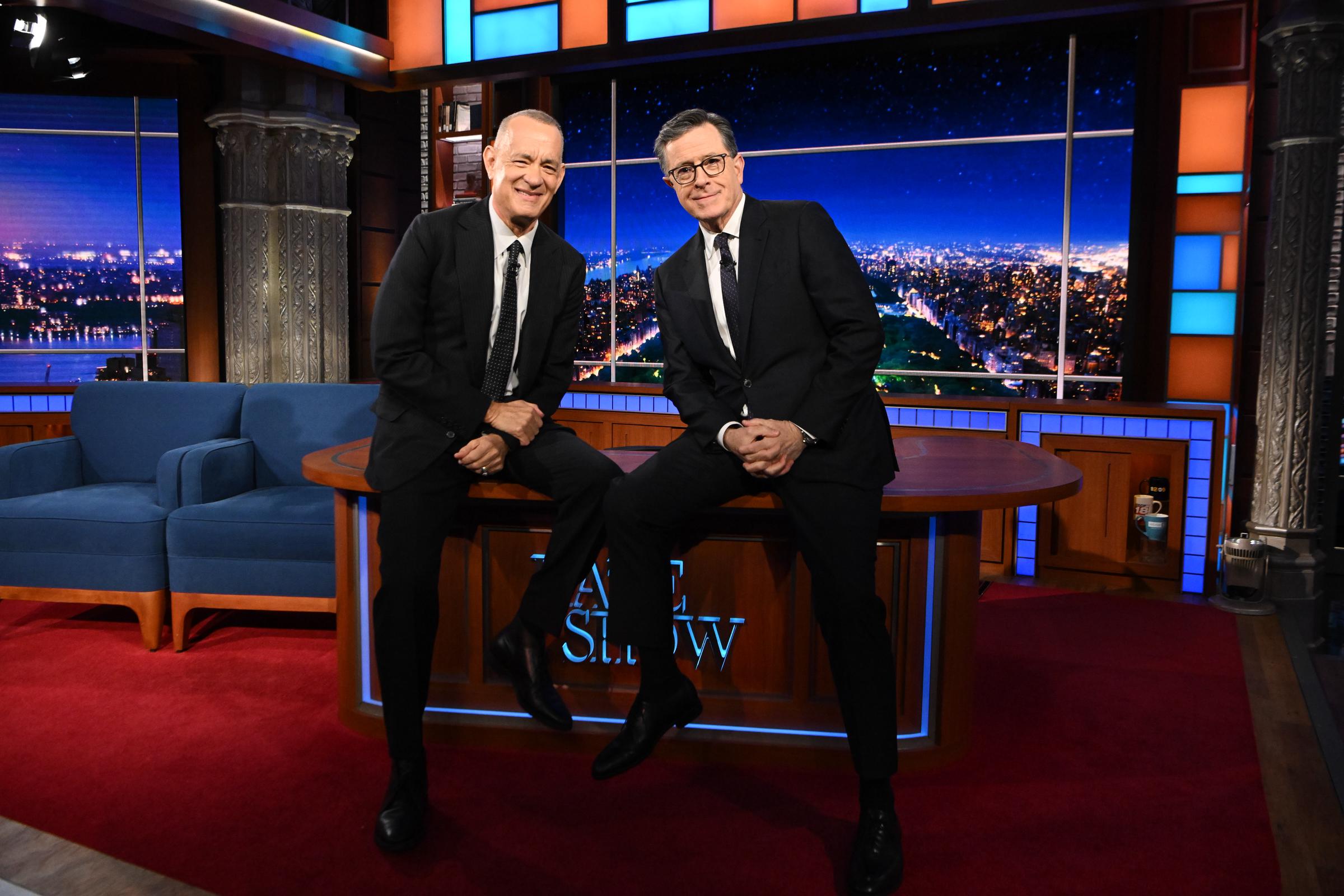 "The Late Show" with Stephen Colbert and guest Tom Hanks during Wednesday's May 13, 2026 show. | Source: Getty Images