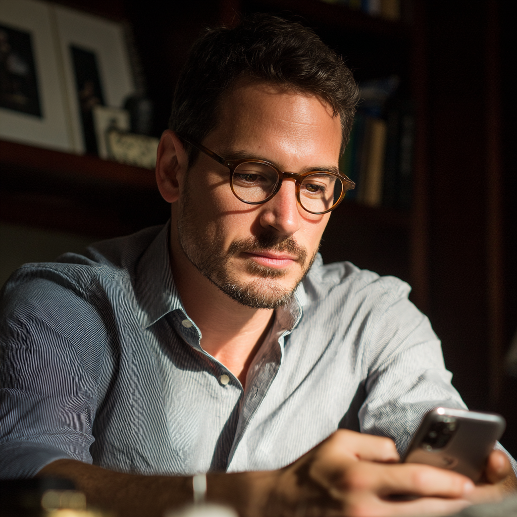A man sitting at his desk and using his phone | Source: no source