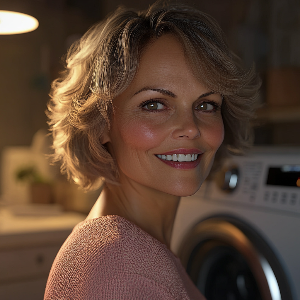 A smiling senior woman standing near a washing machine | Source: No source
