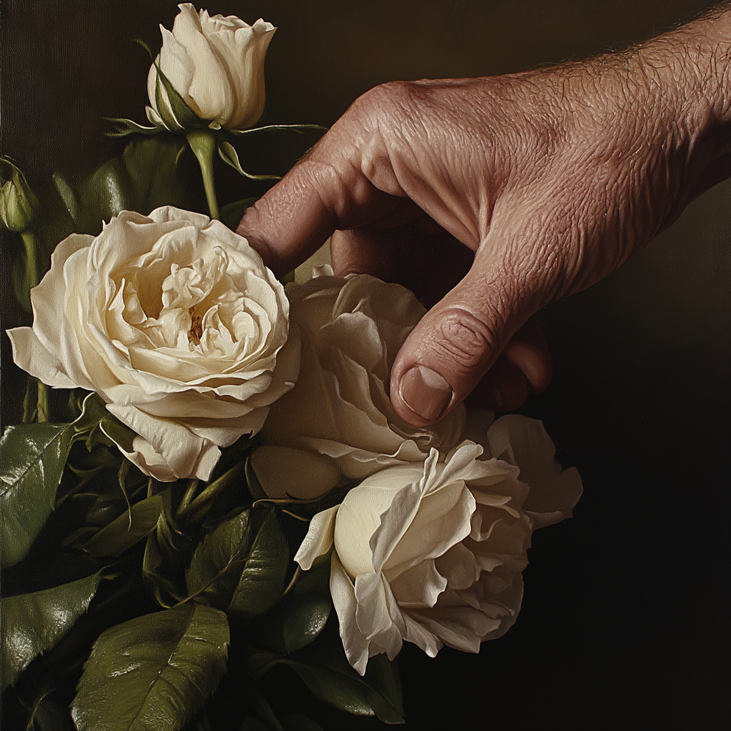 A man touching a white rose in a bouquet | Source: No source