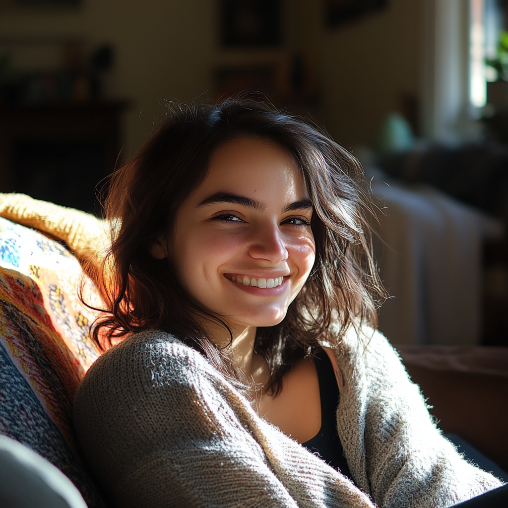 A smiling woman in a living room | Source: No source