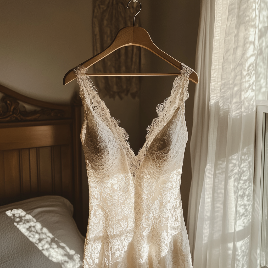 A hanging wedding dress | Source: No source