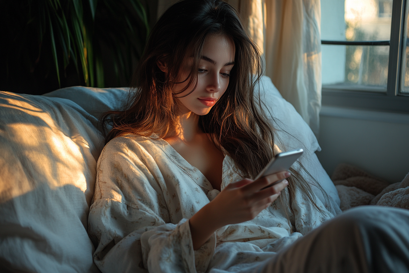 A woman in cozy pajamas, seated in bed scrolling through her phone with a focused expression | Source: No source
