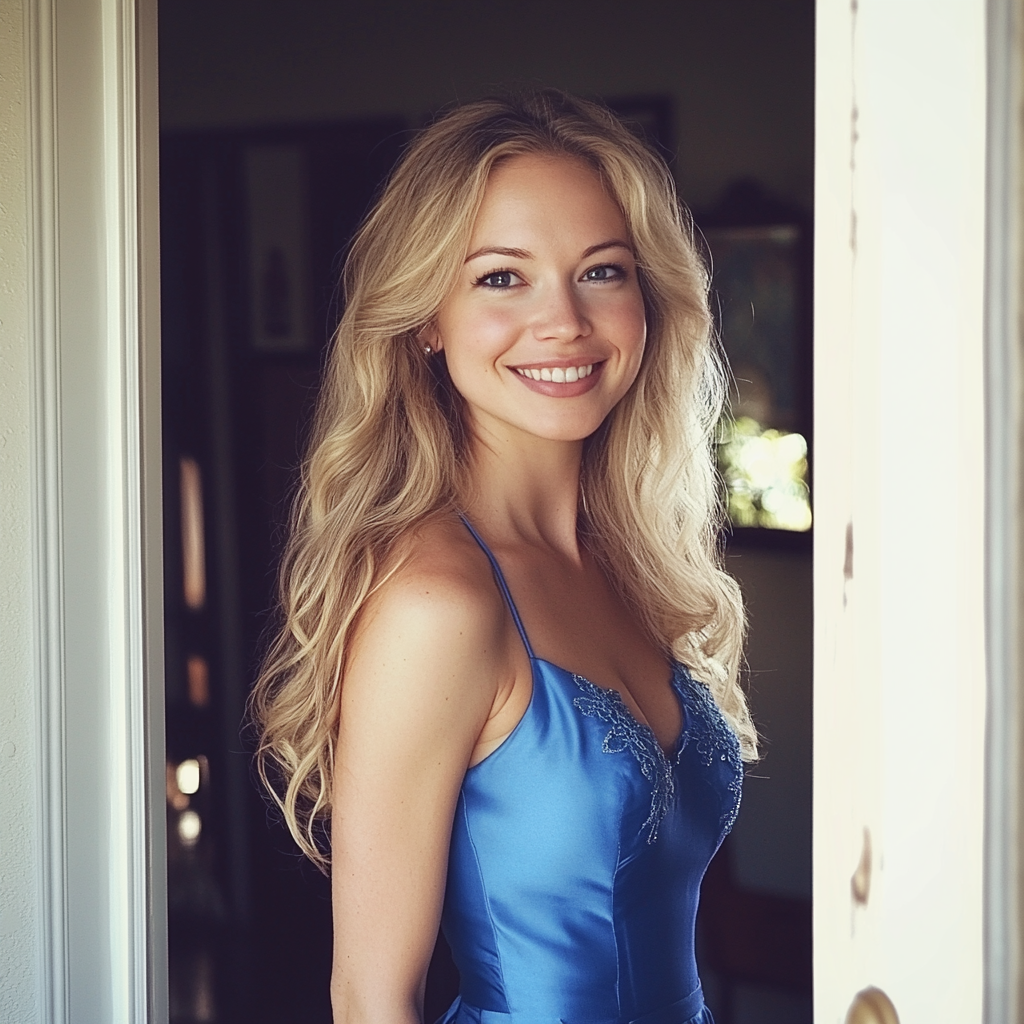 A smiling woman standing in a doorway | Source: no source