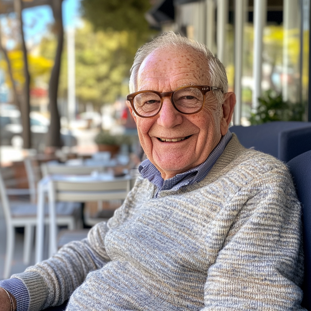 An old man sitting outside a coffee shop | Source: No source