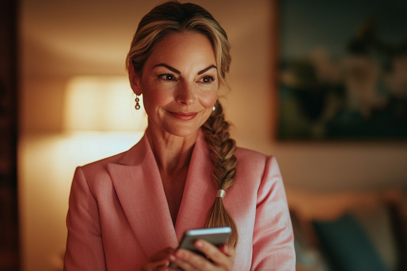 A smirking woman in her 40s texting in an apartment | Source: No source
