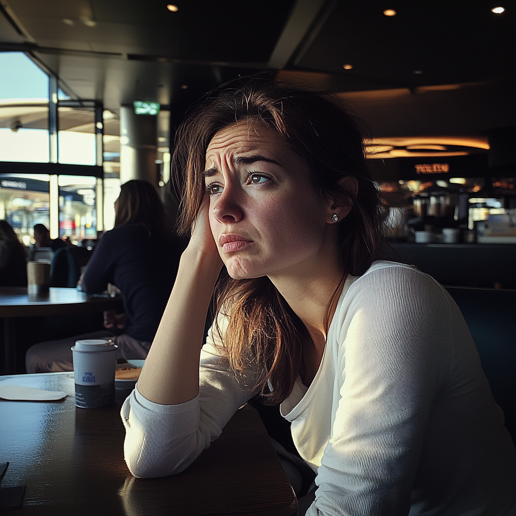 An upset woman sitting at a coffee shop | Source: no source