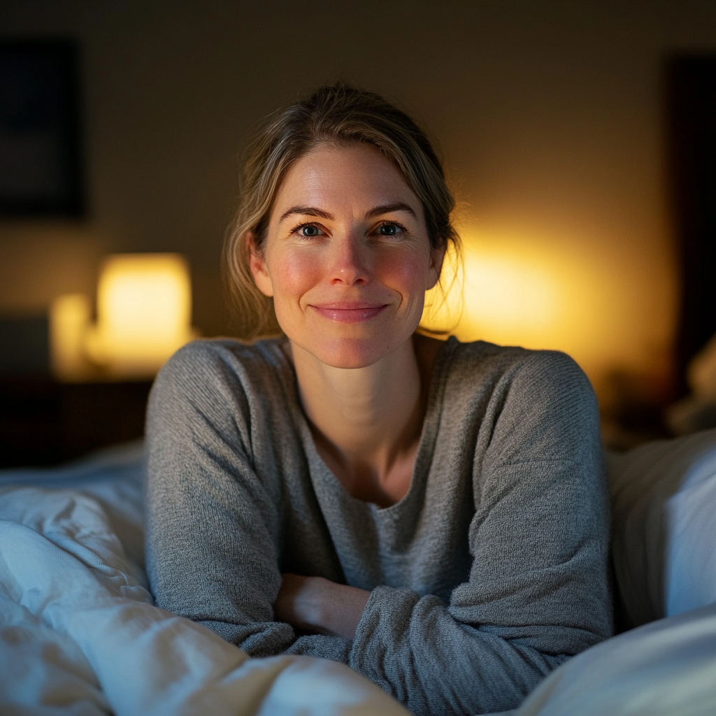 A woman forces a smile while sitting in her bed at night | Source: no source