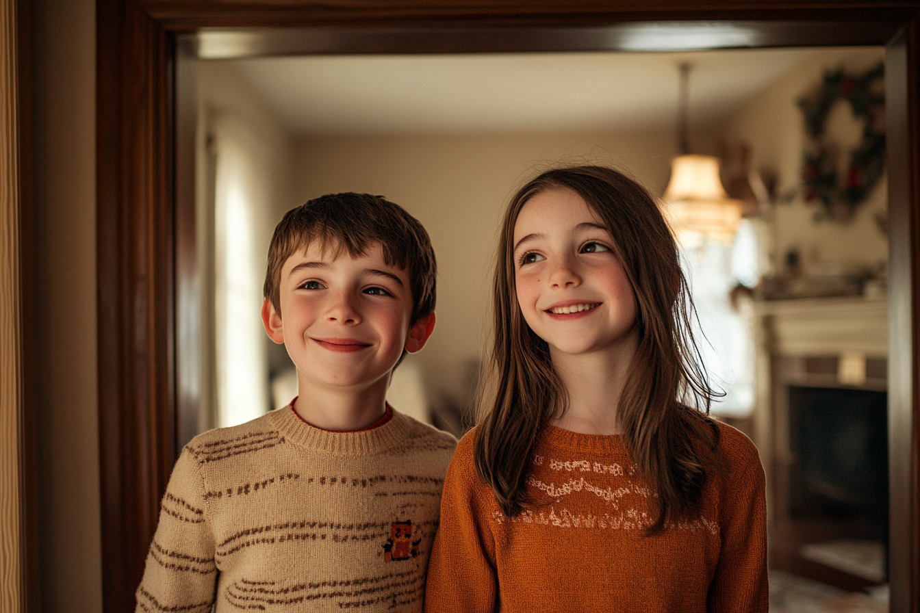 Two kids smiling happily in a living room | Source: no source