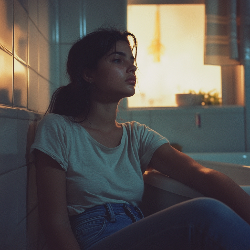 A tired woman sitting near a bathtub | Source: No source