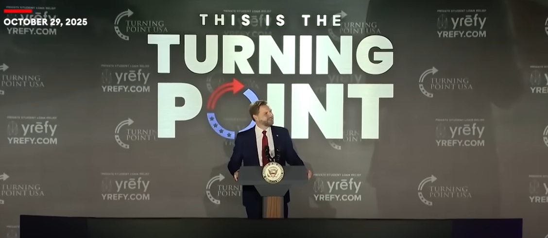 Vice President JD Vance speaks at a Turning Point USA event held at the University of Mississippi, as seen in a video post dated October 30, 2025. | Source: YouTube/ForbesBreakingNews