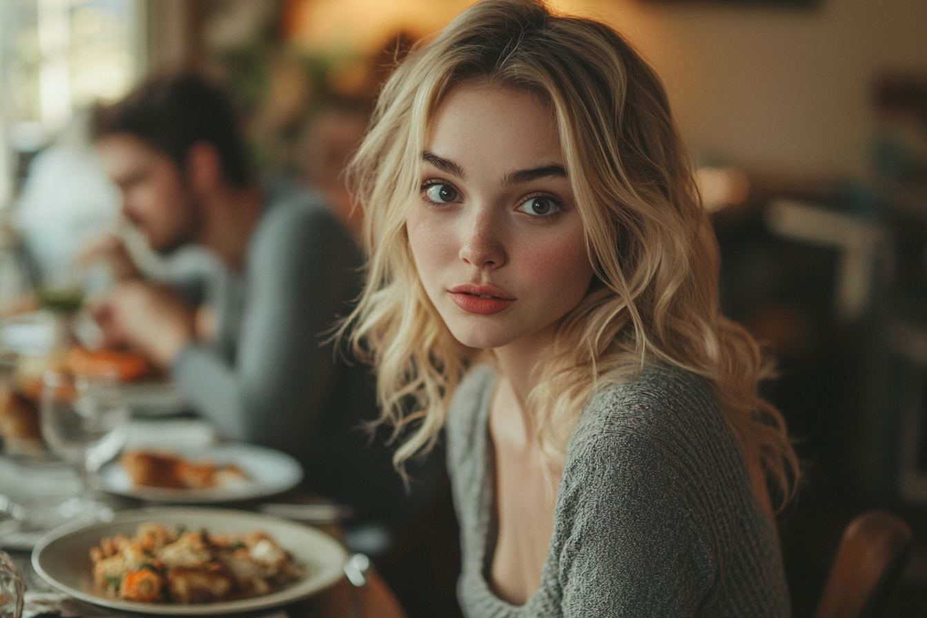 Woman with a slightly shocked expression at a dinner table | Source: no source
