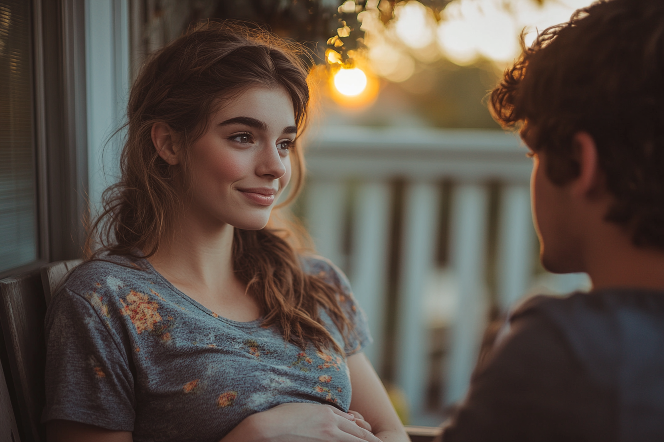 A happy expectant woman sitting on a porch with a man | Source: no source