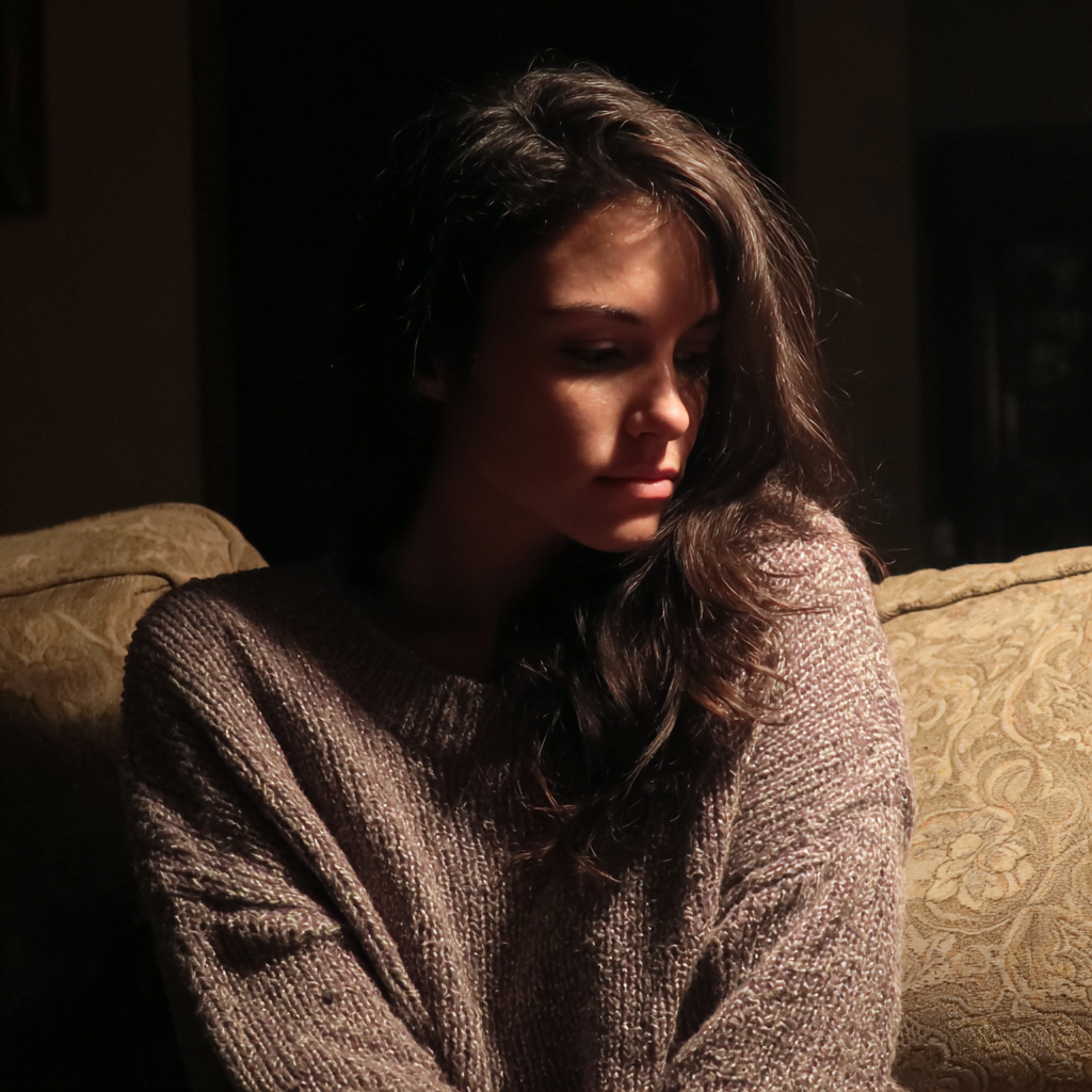 A pensive woman sitting on a couch | Source: no source