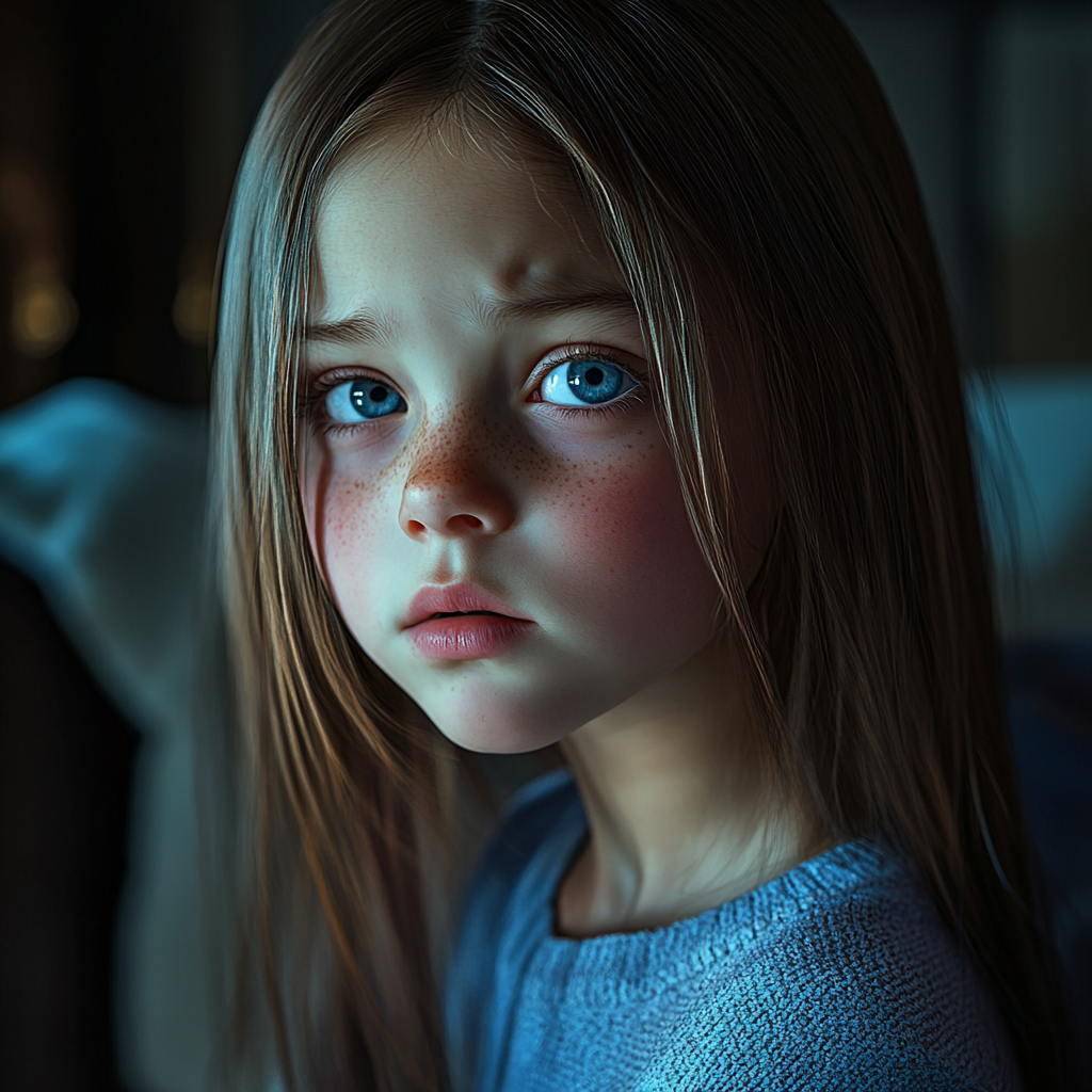 A sad little girl looking at someone | Source: no source