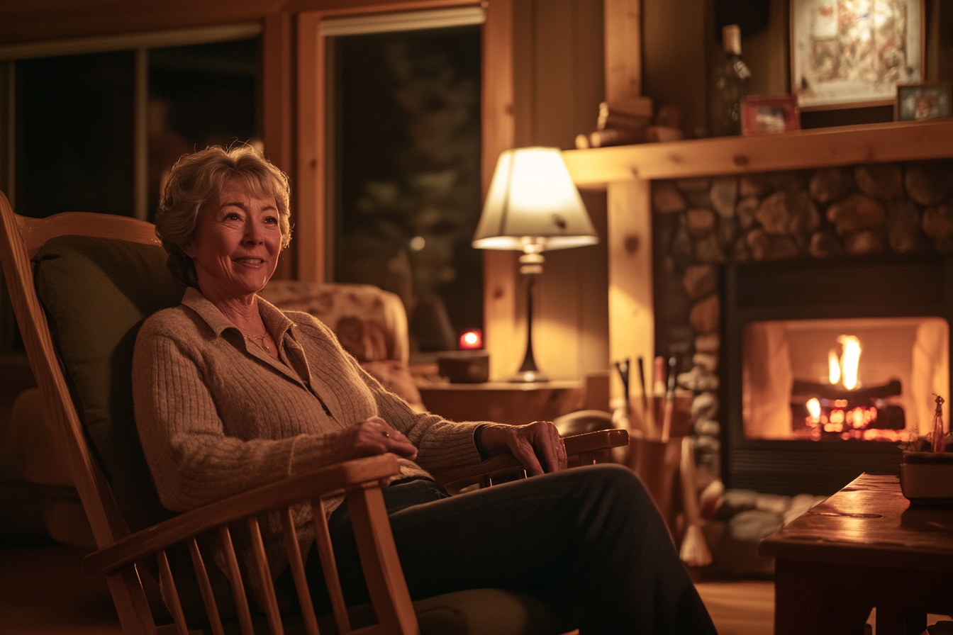 A grandmother on a rocking chair, smiling in front of a fireplace in a cozy home | Source: No source