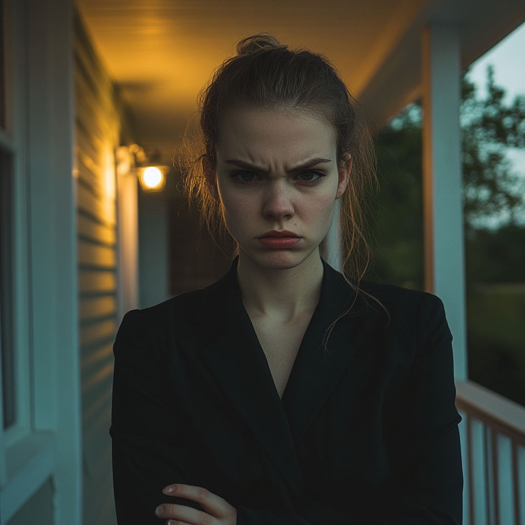 An angry woman standing on a porch | Source: no source