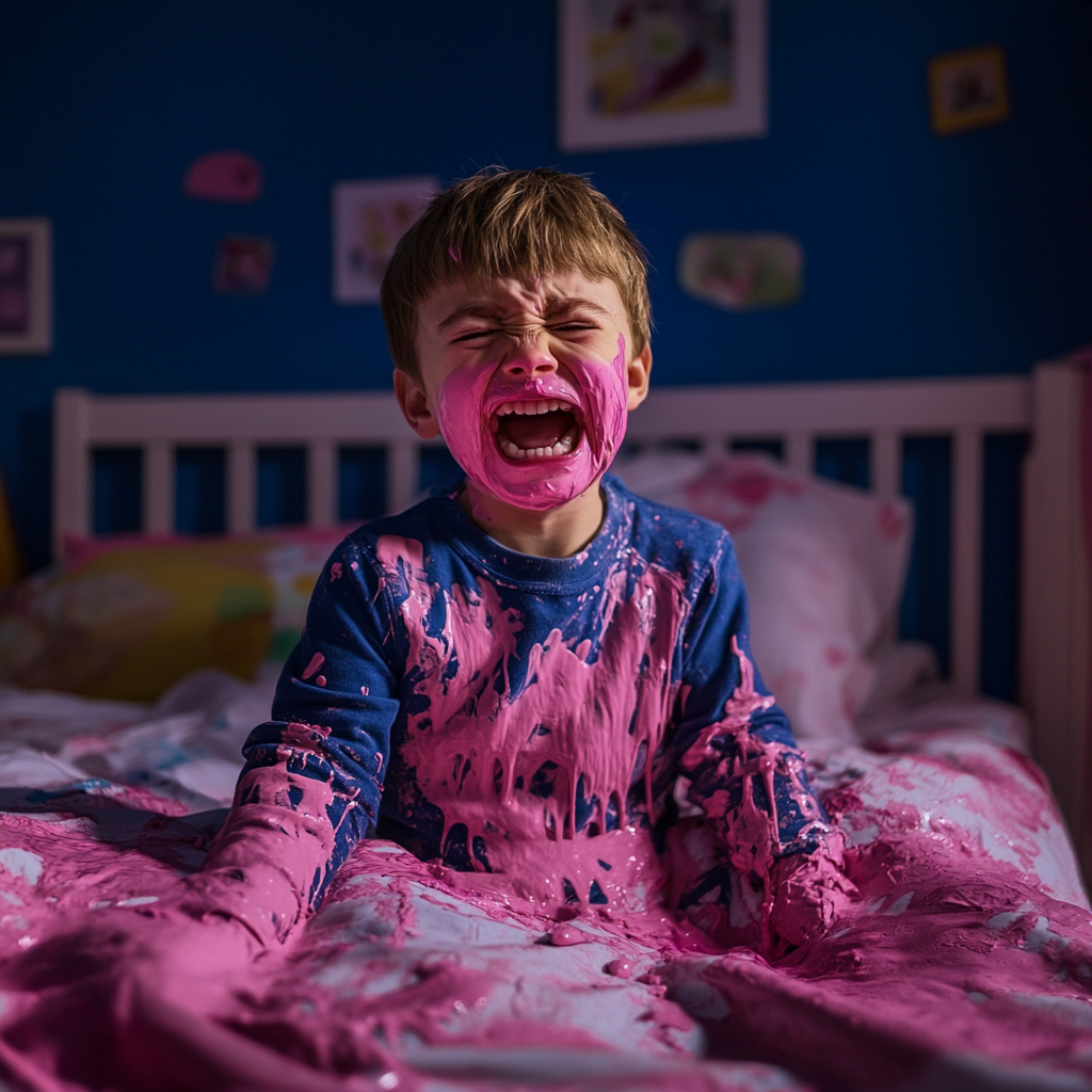 A child covered in pink paint | Source: no source